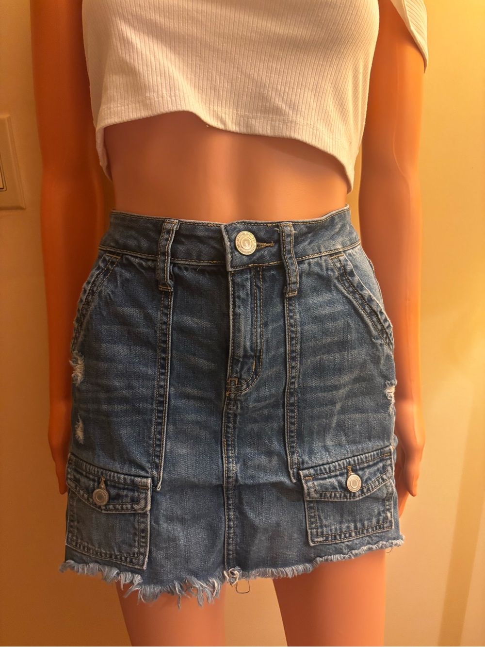 SO Blue Denim Cargo Mini Skirt with Frayed Hem